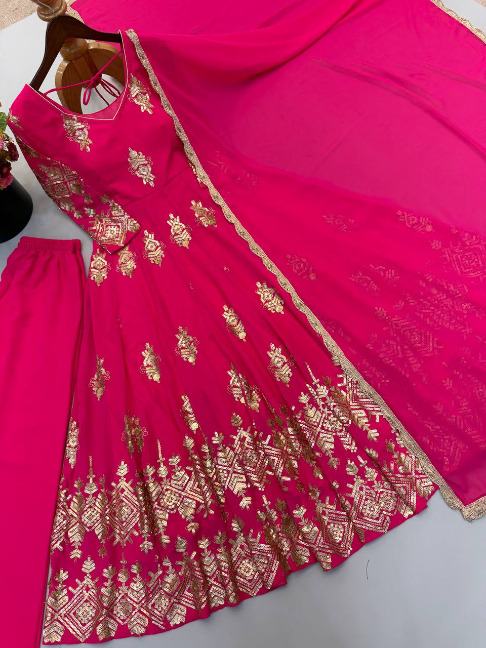 Rani Pink Heavy Georgette Embroidered Anarkali Gown Set with Dupatta