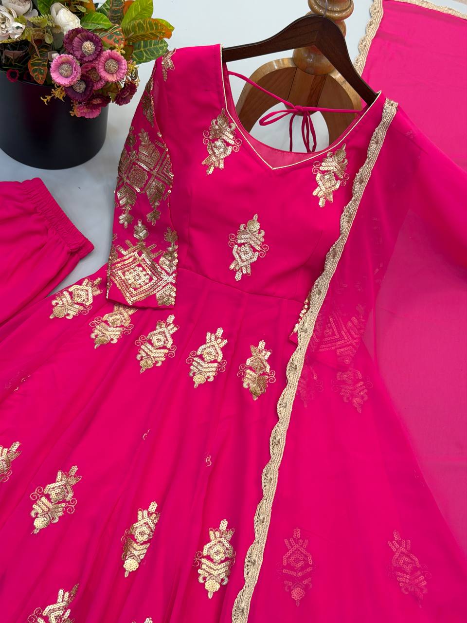Rani Pink Heavy Georgette Embroidered Anarkali Gown Set with Dupatta
