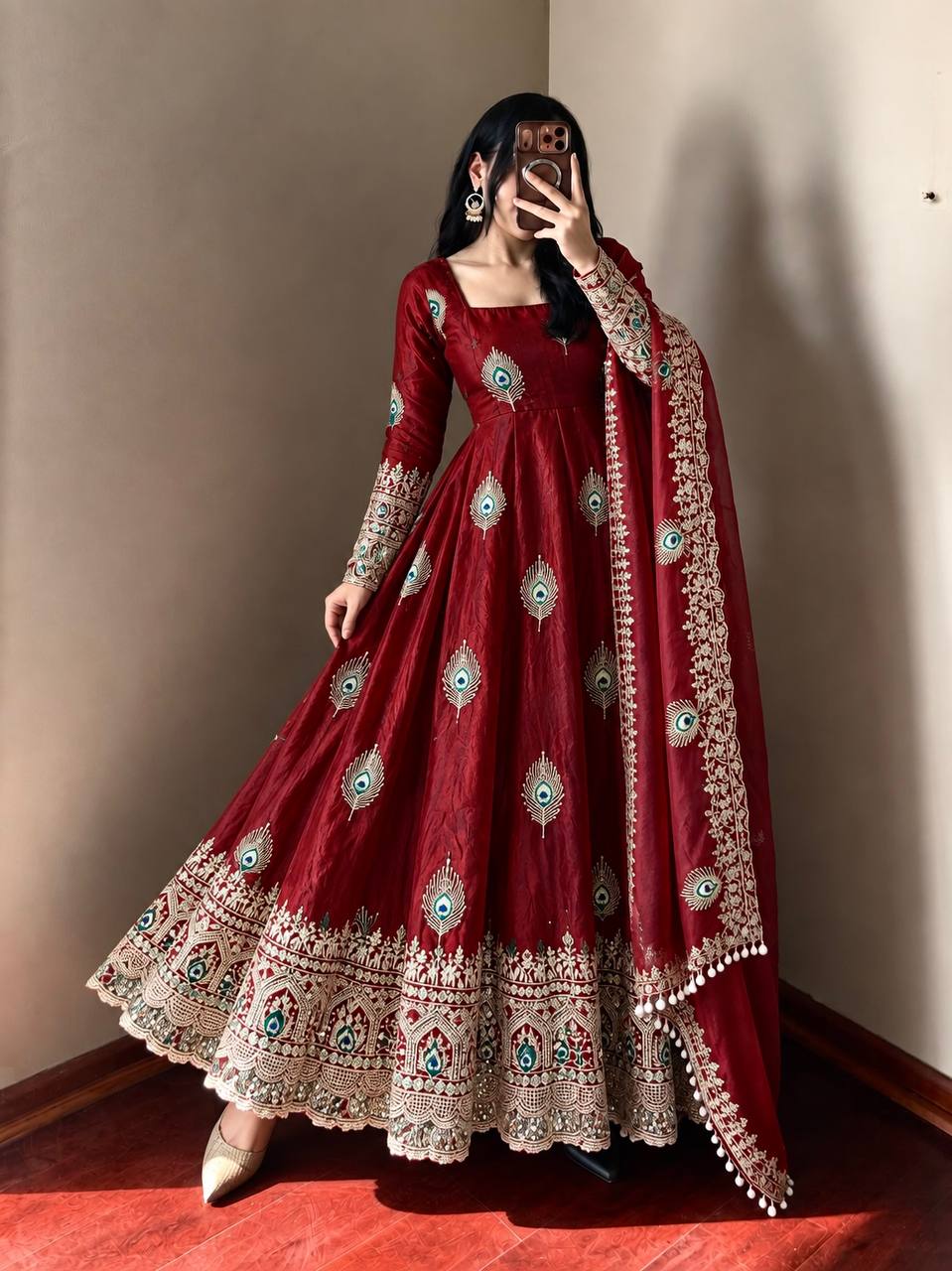 Wine Maroon Peacock Embroidered Fendy Silk Anarkali Gown Set with Dupatta