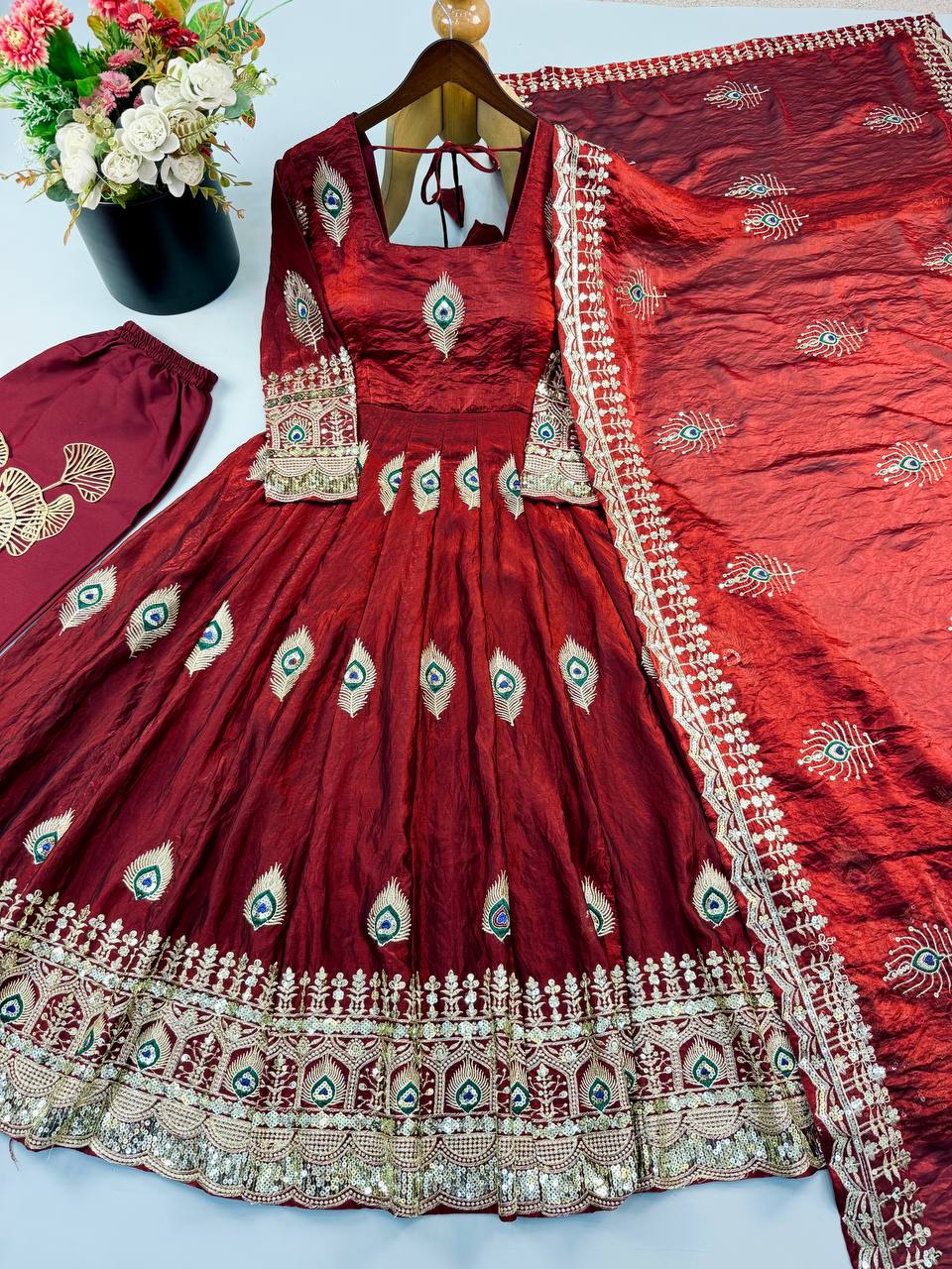 Wine Maroon Peacock Embroidered Fendy Silk Anarkali Gown Set with Dupatta