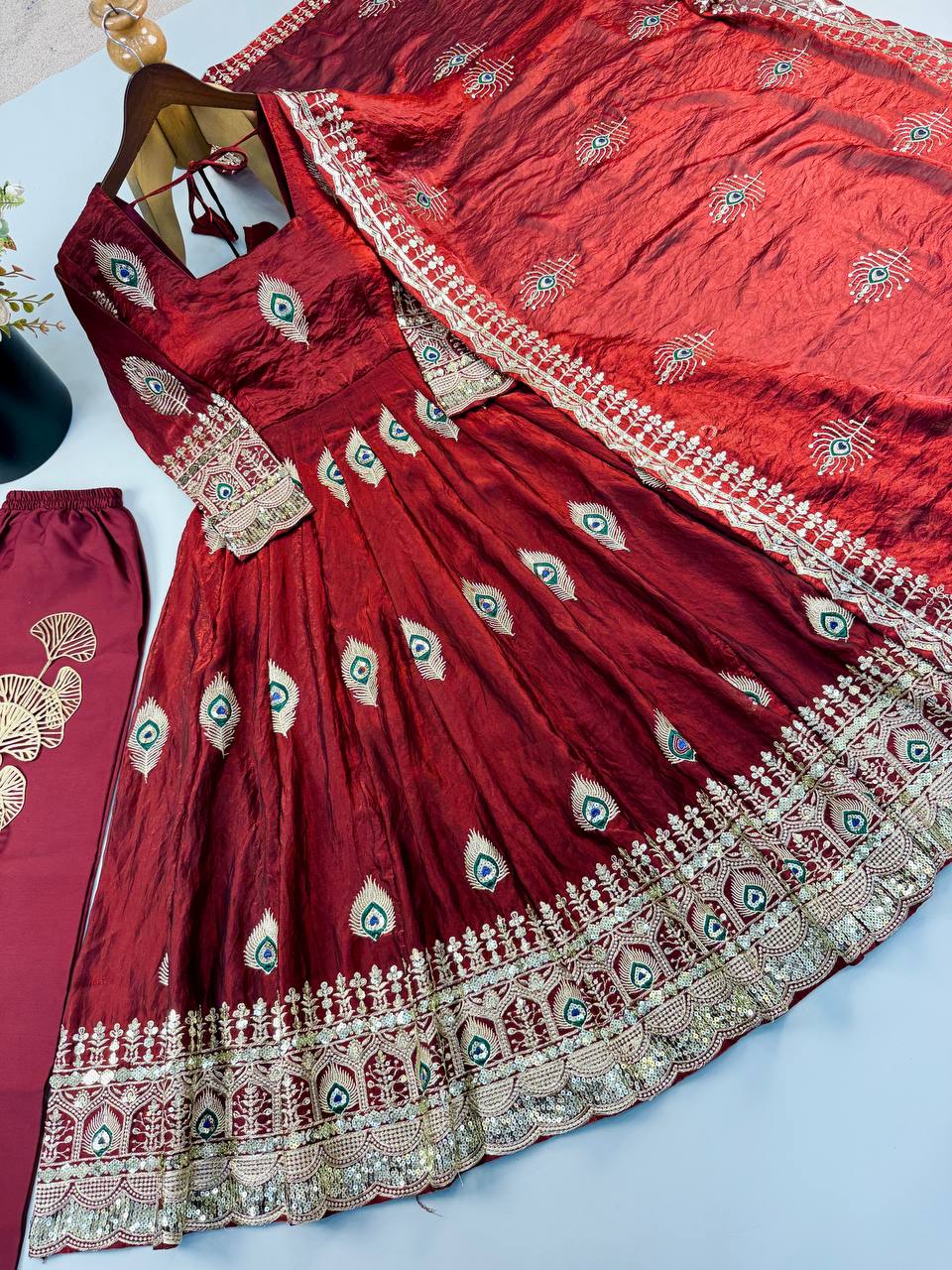 Wine Maroon Peacock Embroidered Fendy Silk Anarkali Gown Set with Dupatta