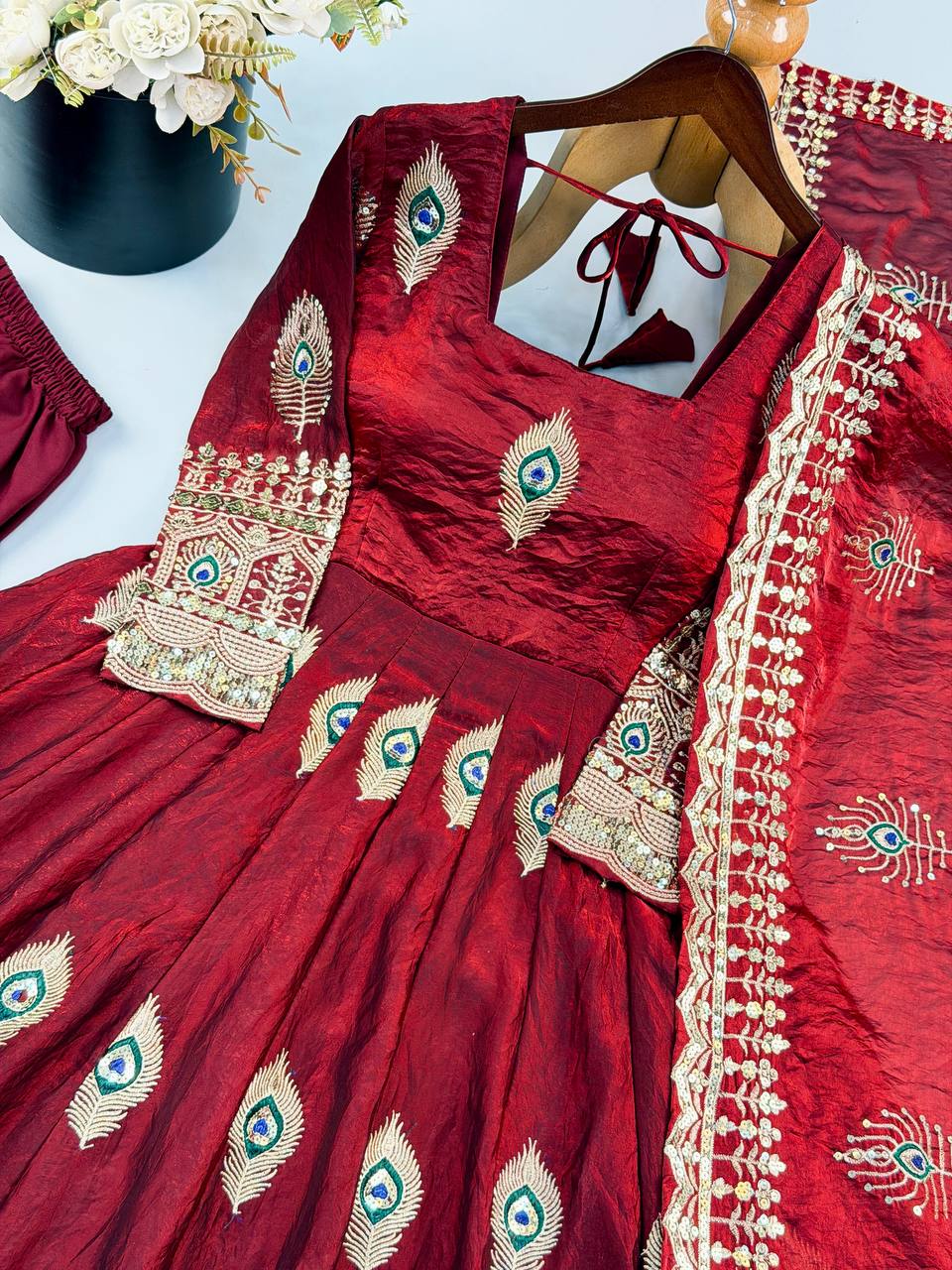 Wine Maroon Peacock Embroidered Fendy Silk Anarkali Gown Set with Dupatta