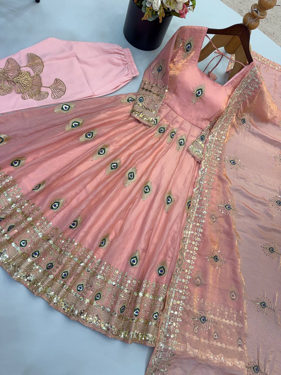 Peach Pink Peacock Embroidered Fendy Silk Anarkali Gown Set with Dupatta