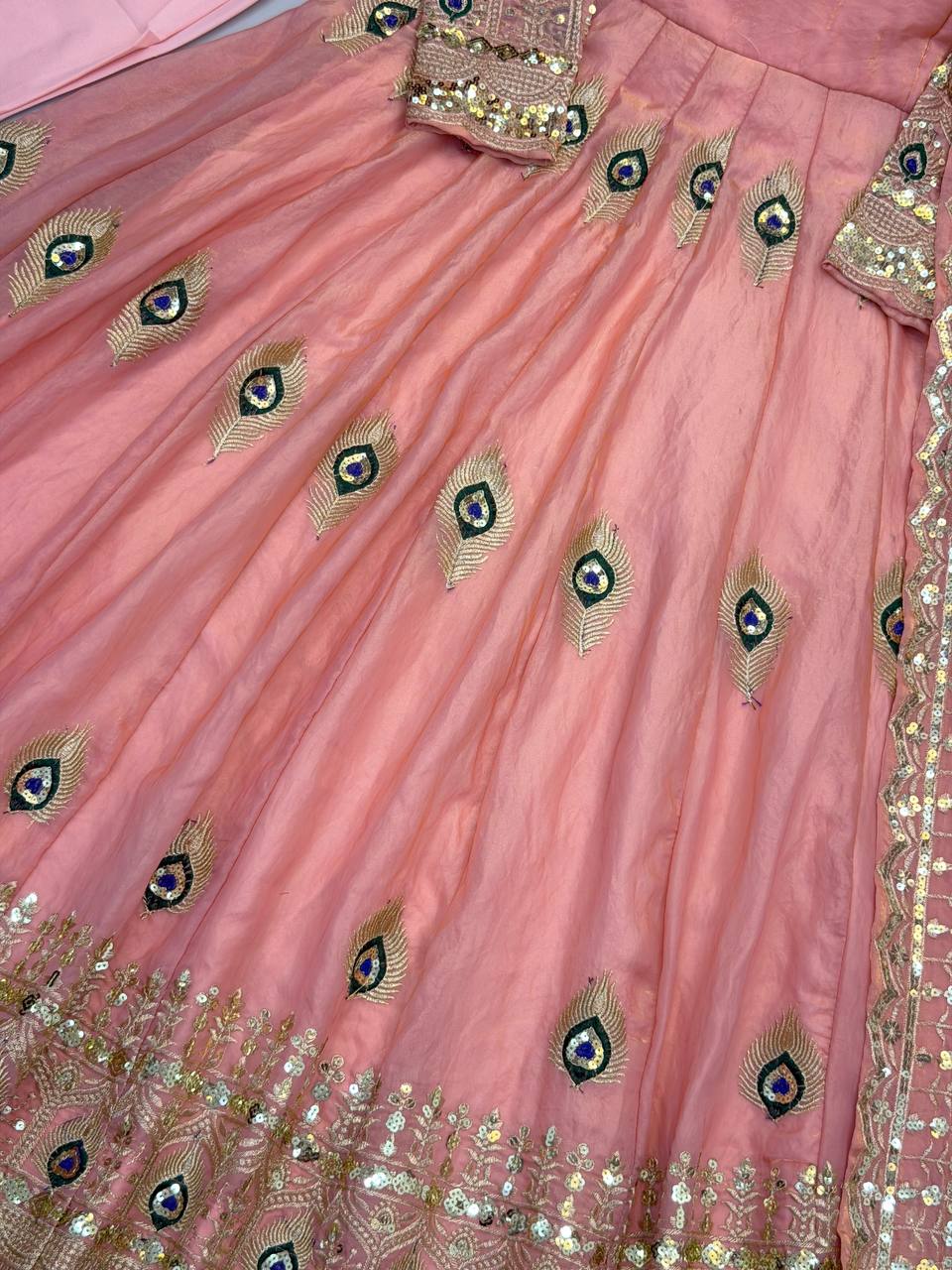 Peach Pink Peacock Embroidered Fendy Silk Anarkali Gown Set with Dupatta