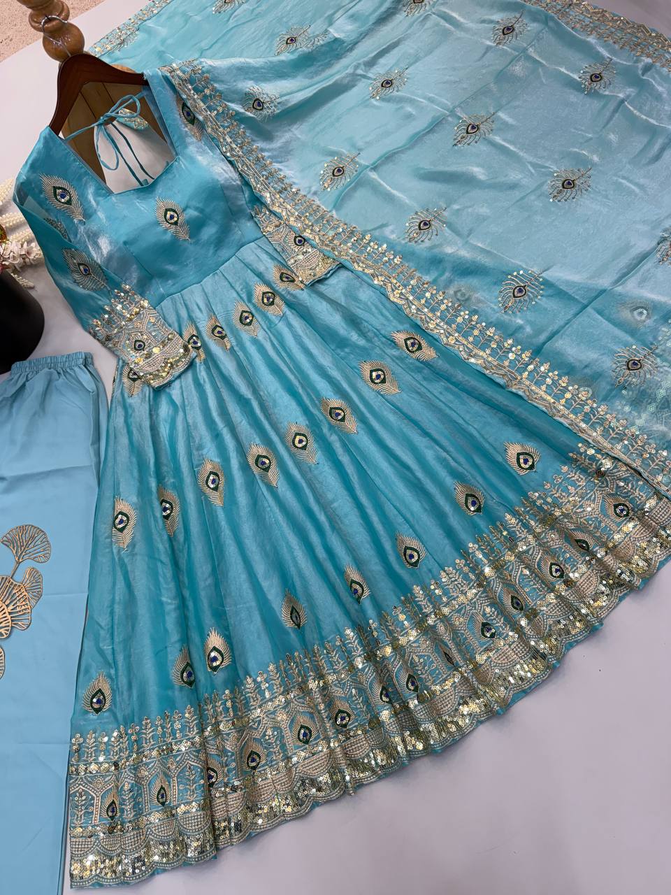 Sky Blue Fendy Silk Peacock Embroidered Anarkali Gown Set with Pant & Dupatta