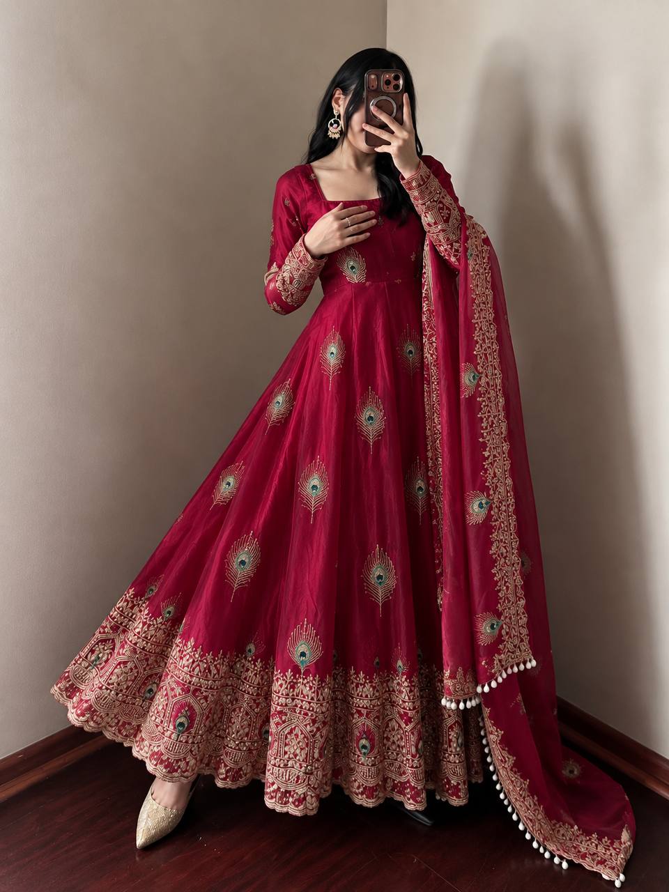 Ruby Magenta Fendy Silk Embroidered Anarkali Gown Set with Dupatta