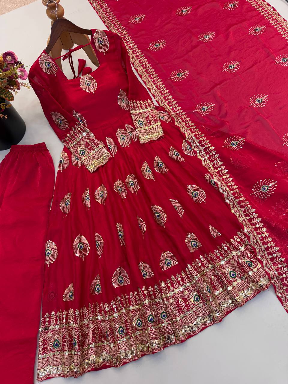 Ruby Magenta Fendy Silk Embroidered Anarkali Gown Set with Dupatta