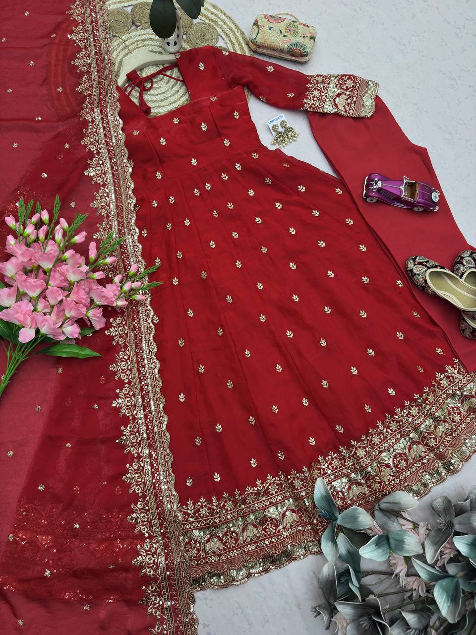 Red Designer Embroidered Gown Set with Dupatta & Pant | Party Wear
