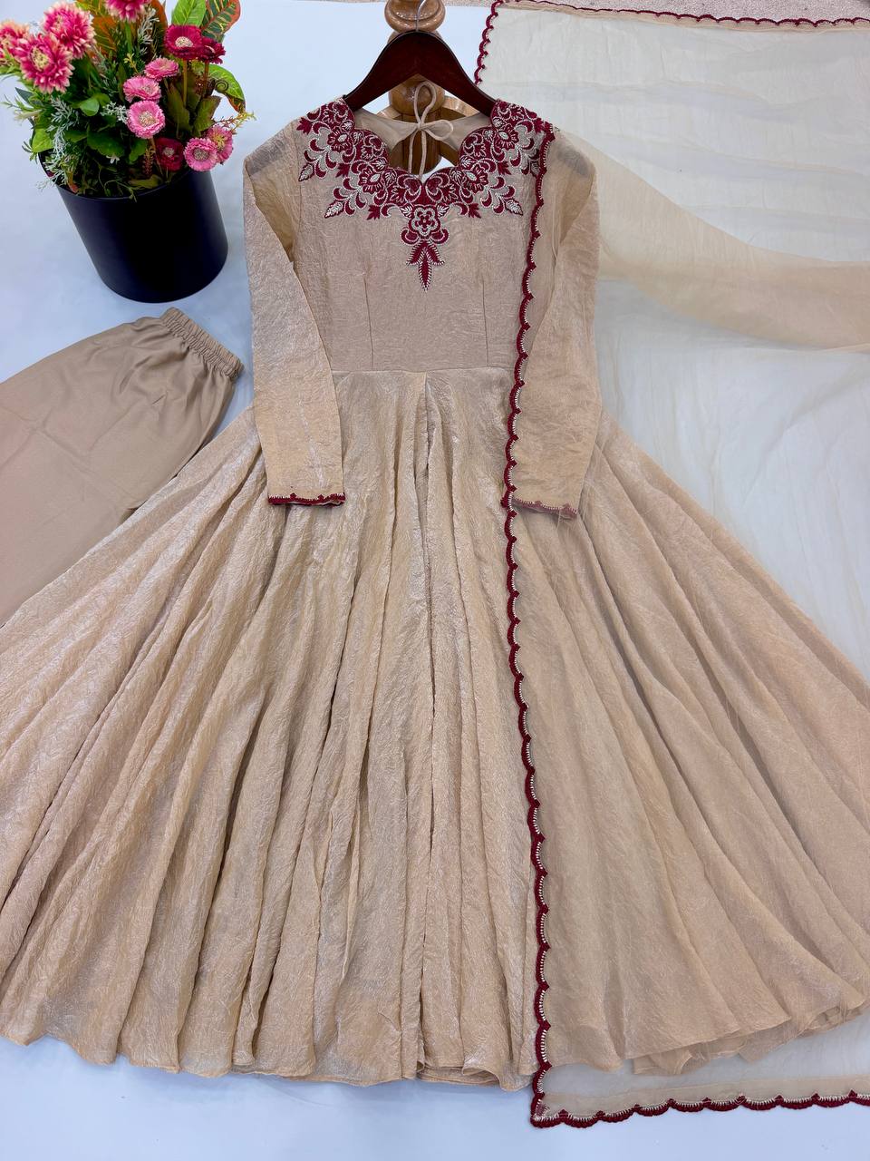 Ivory Beige Doremon Crush 7 Meter Flair Embroidered Anarkali Suit Set