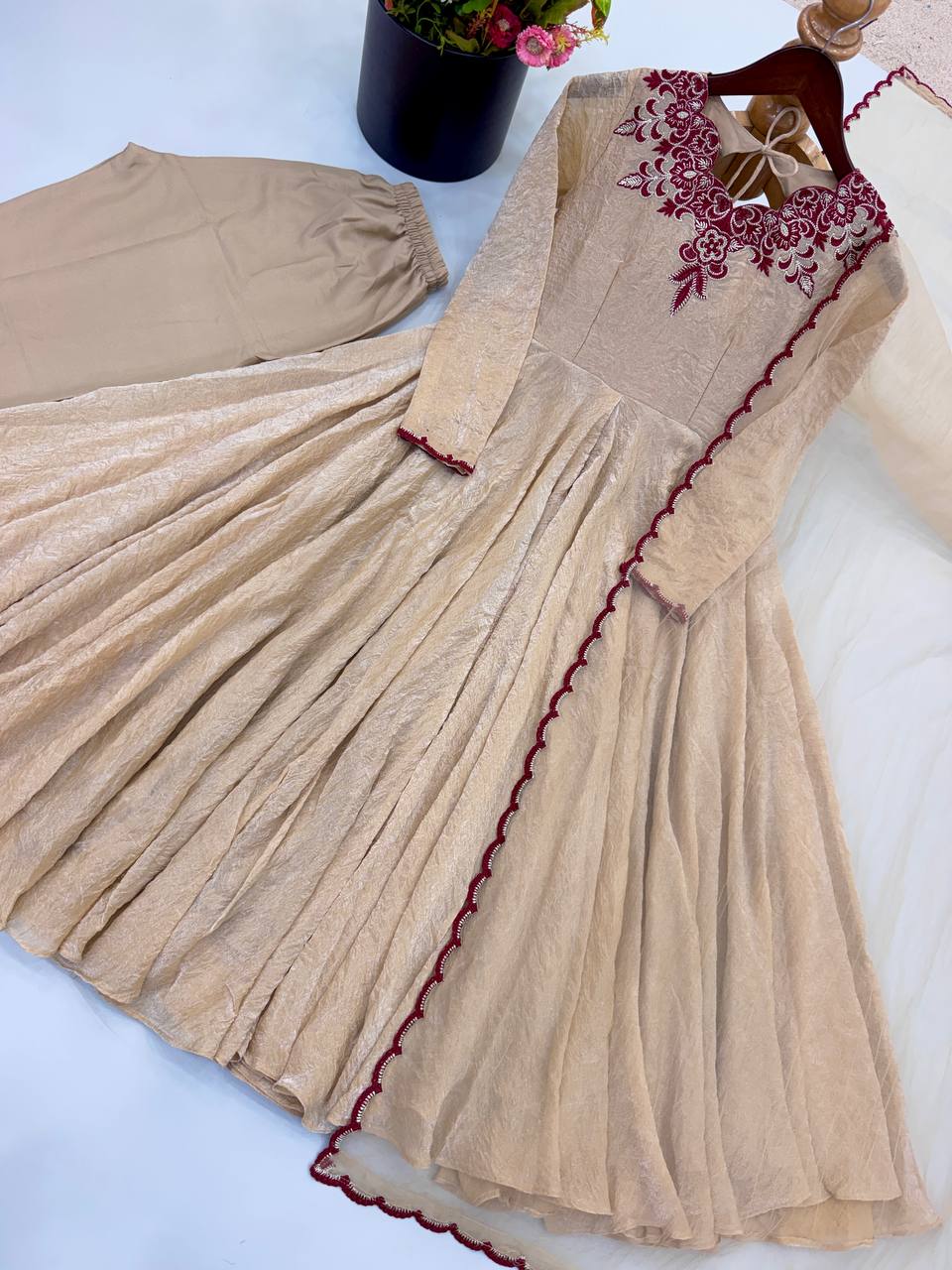 Ivory Beige Doremon Crush 7 Meter Flair Embroidered Anarkali Suit Set