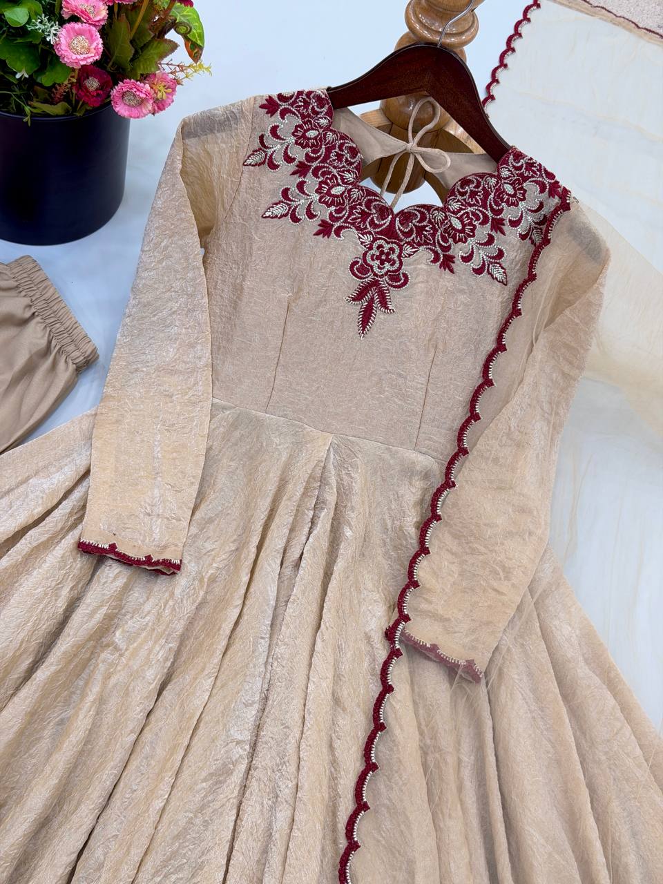 Ivory Beige Doremon Crush 7 Meter Flair Embroidered Anarkali Suit Set