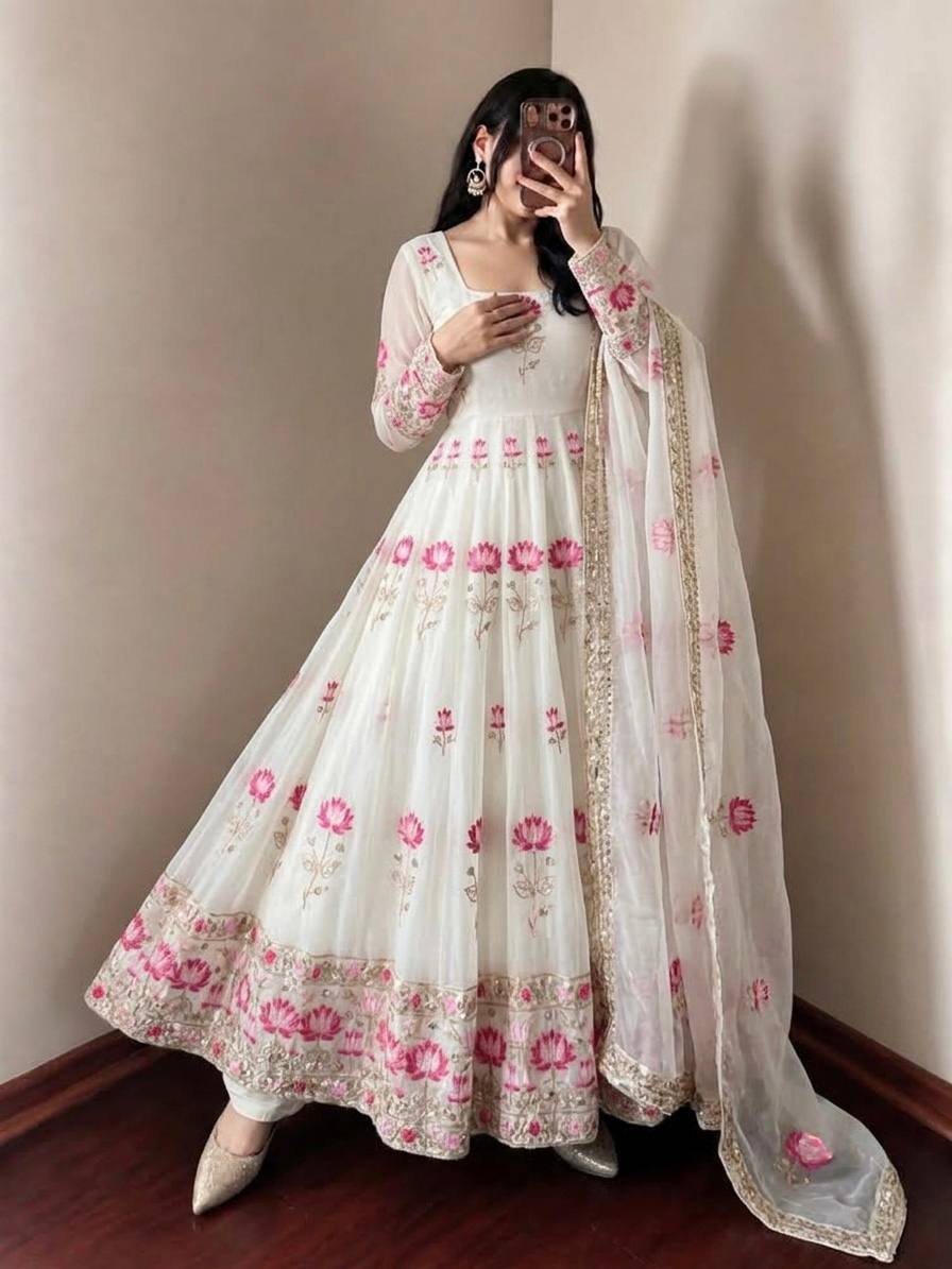 Ivory White & Pink Fendy Silk Embroidered Gown Set with Dupatta