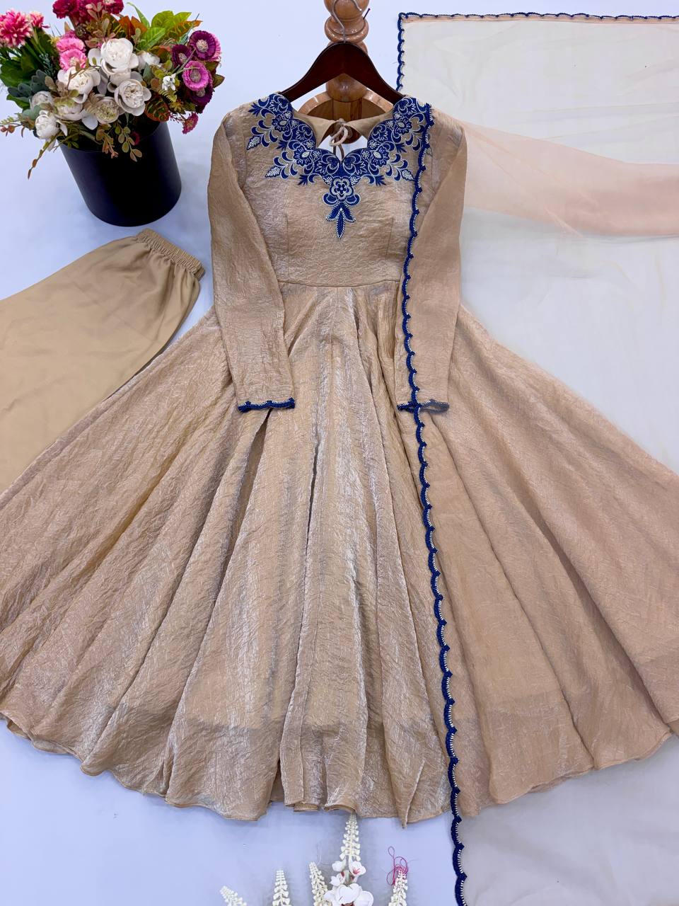Champagne Beige Doremon Crush 7 Meter Flair Embroidered Anarkali Suit Set