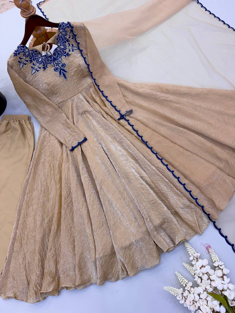Champagne Beige Doremon Crush 7 Meter Flair Embroidered Anarkali Suit Set