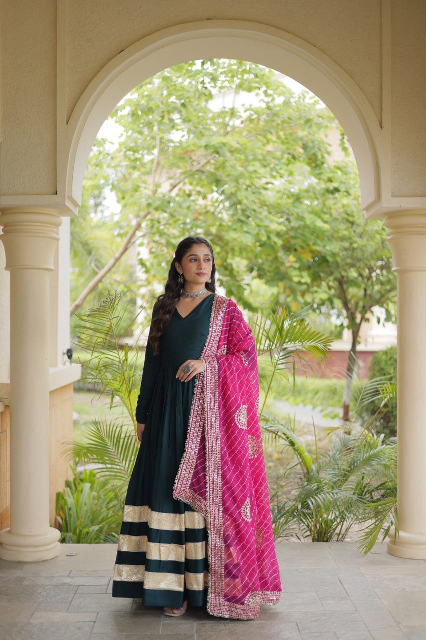 Rama Green Reyon Gota Patti Anarkali Gown with Leheriya Dupatta