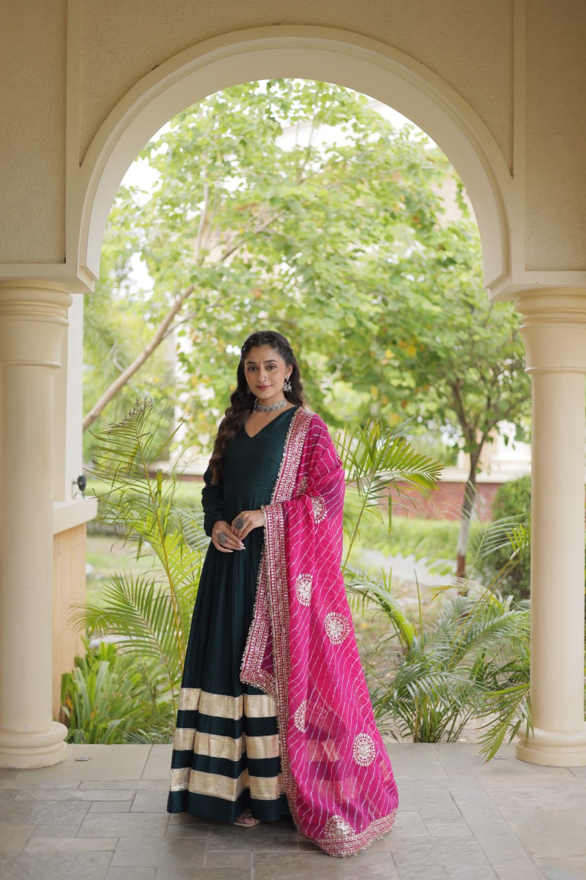 Rama Green Reyon Gota Patti Anarkali Gown with Leheriya Dupatta