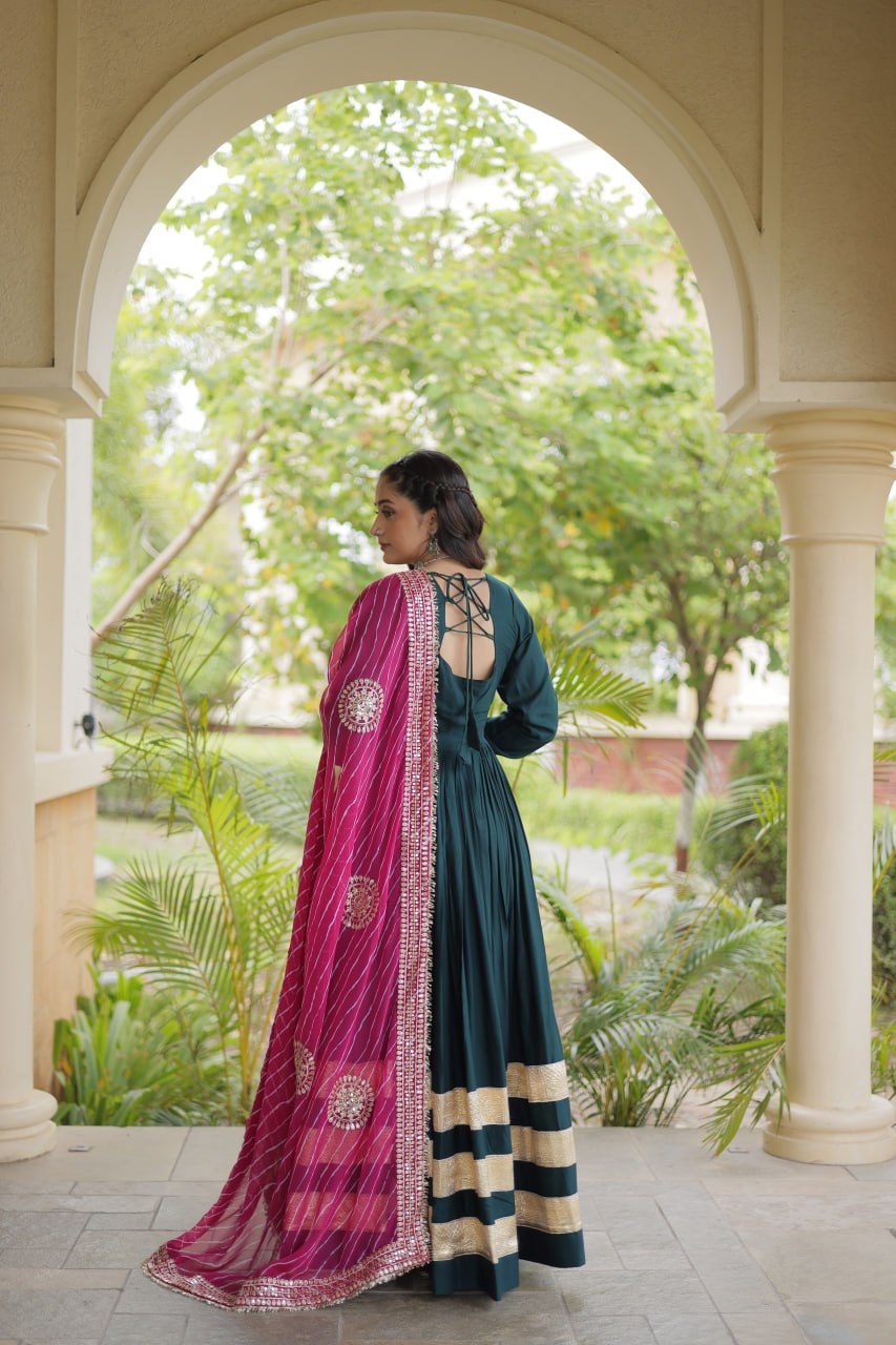 Rama Green Reyon Gota Patti Anarkali Gown with Leheriya Dupatta