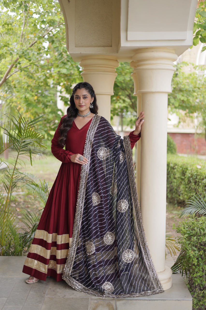 Maroon Reyon Gota Patti Anarkali Gown with Black Leheriya Dupatta