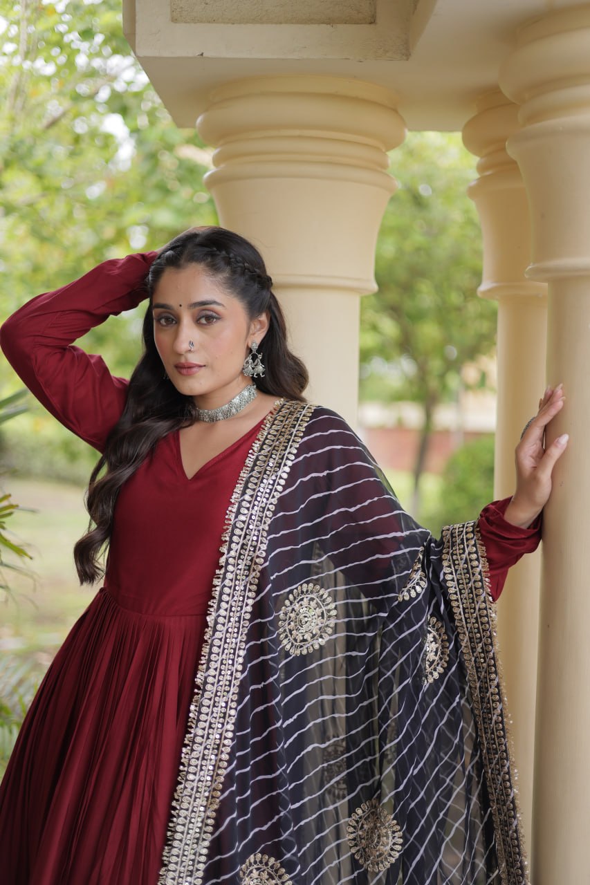 Maroon Reyon Gota Patti Anarkali Gown with Black Leheriya Dupatta