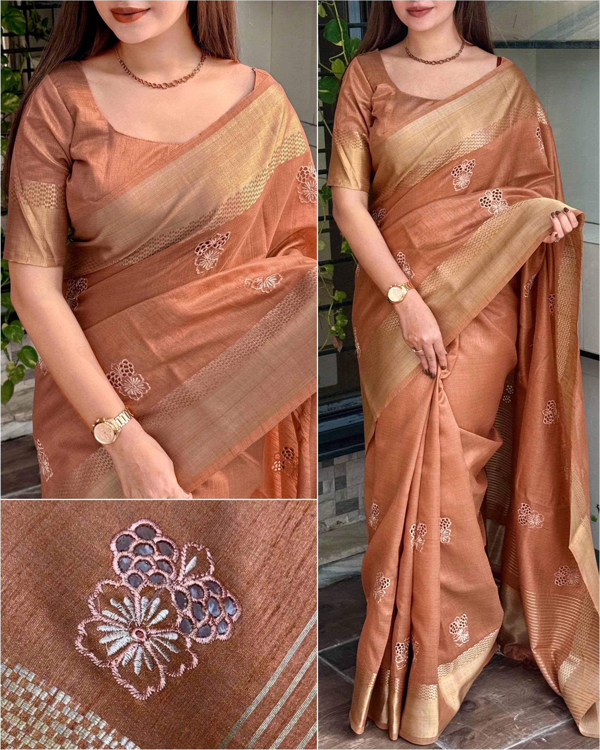 Copper Brown Assam Silk Embroidered Saree with Zari Border | Traditional Festive Saree