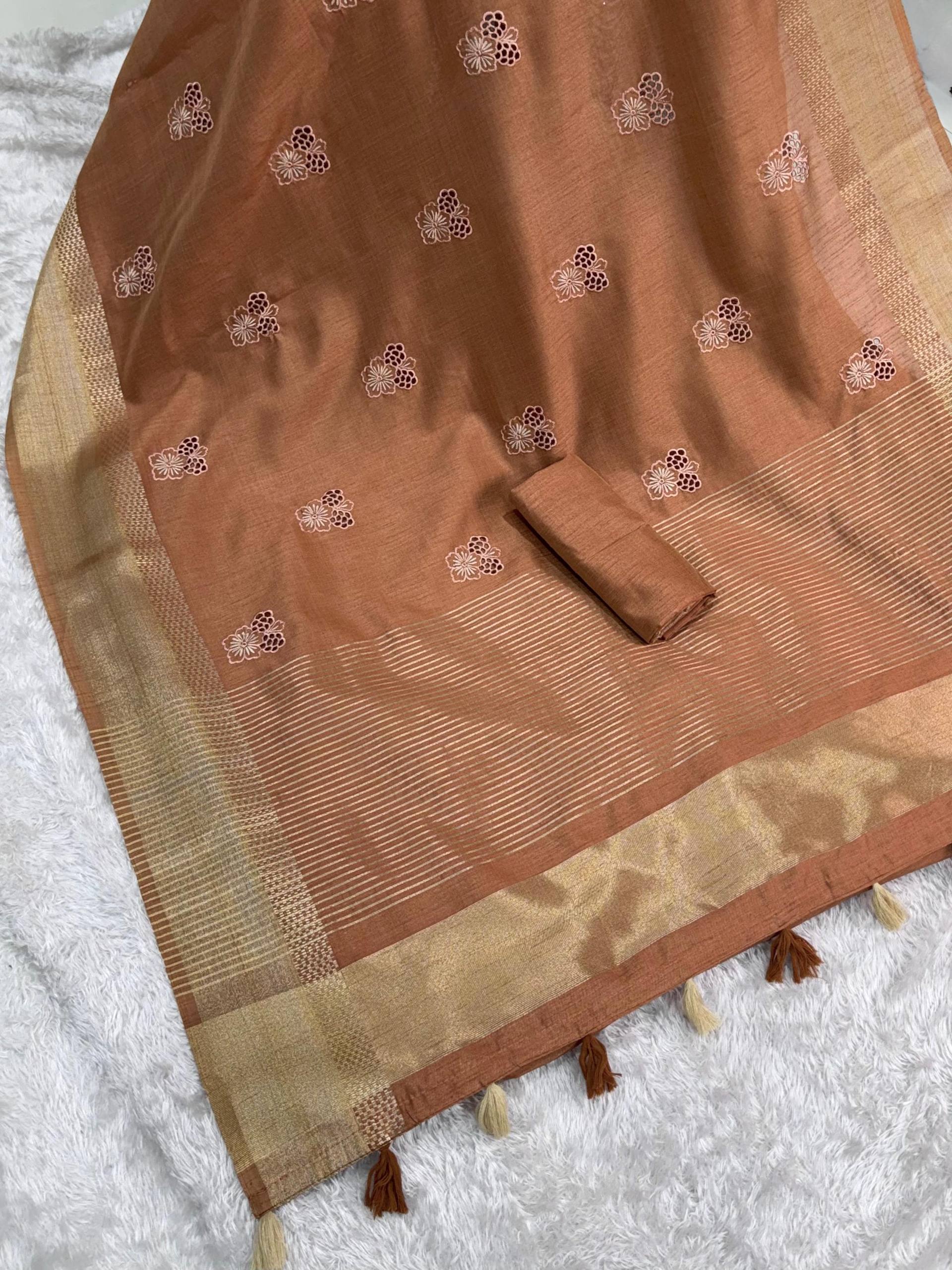 Copper Brown Assam Silk Embroidered Saree with Zari Border | Traditional Festive Saree