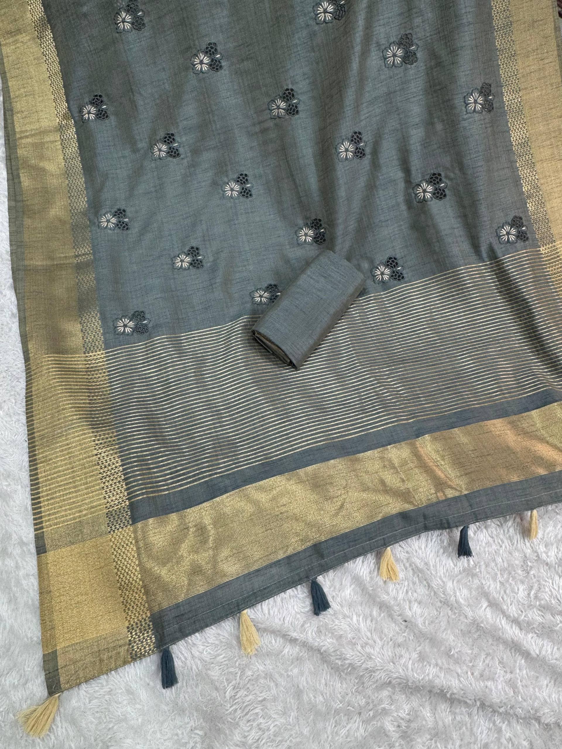 Steel Grey Assam Silk Embroidered Saree with Zari Border | Traditional Festive Saree