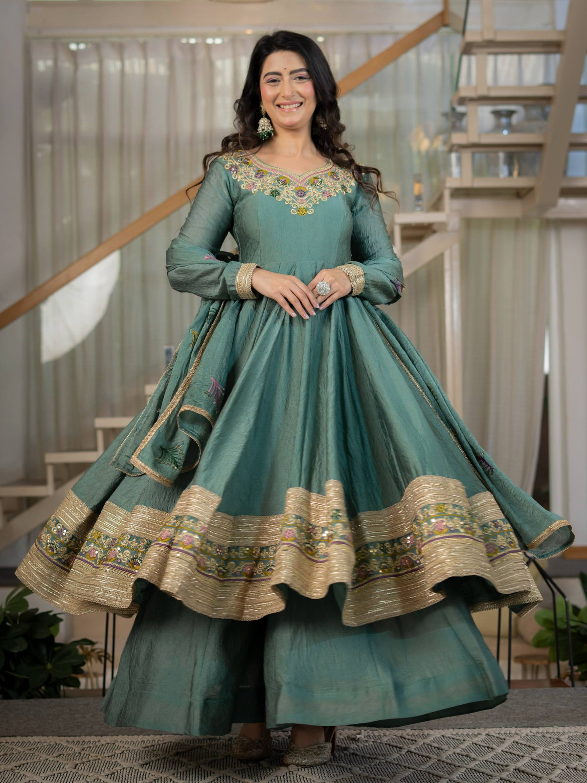 Teal Green Rangoli Crush Anarkali Suit Set With Sequence & Embroidery Work