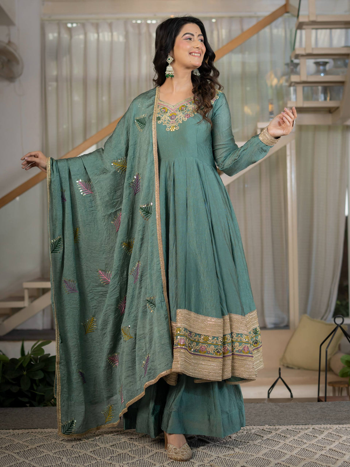 Teal Green Rangoli Crush Anarkali Suit Set With Sequence & Embroidery Work