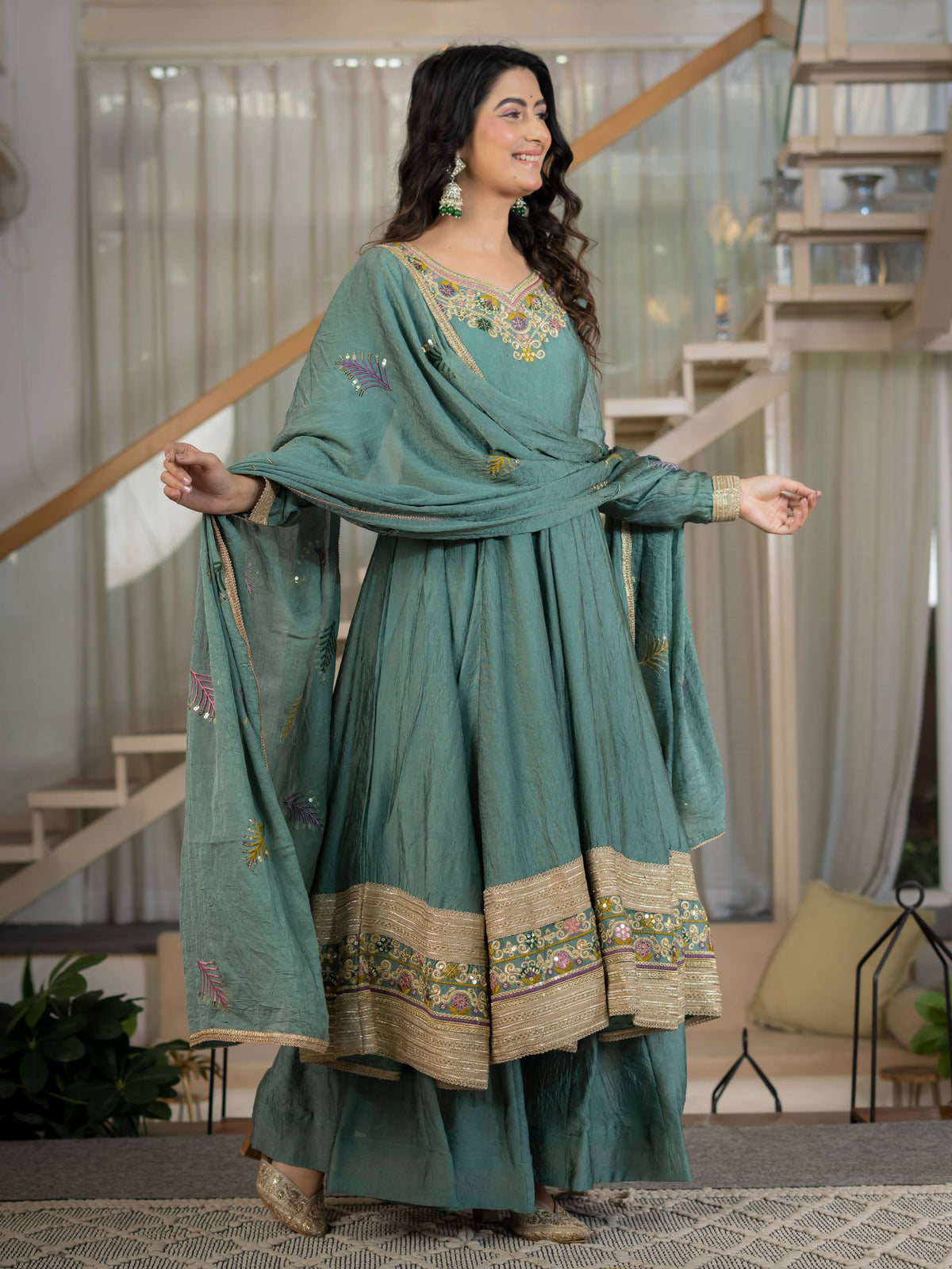 Teal Green Rangoli Crush Anarkali Suit Set With Sequence & Embroidery Work