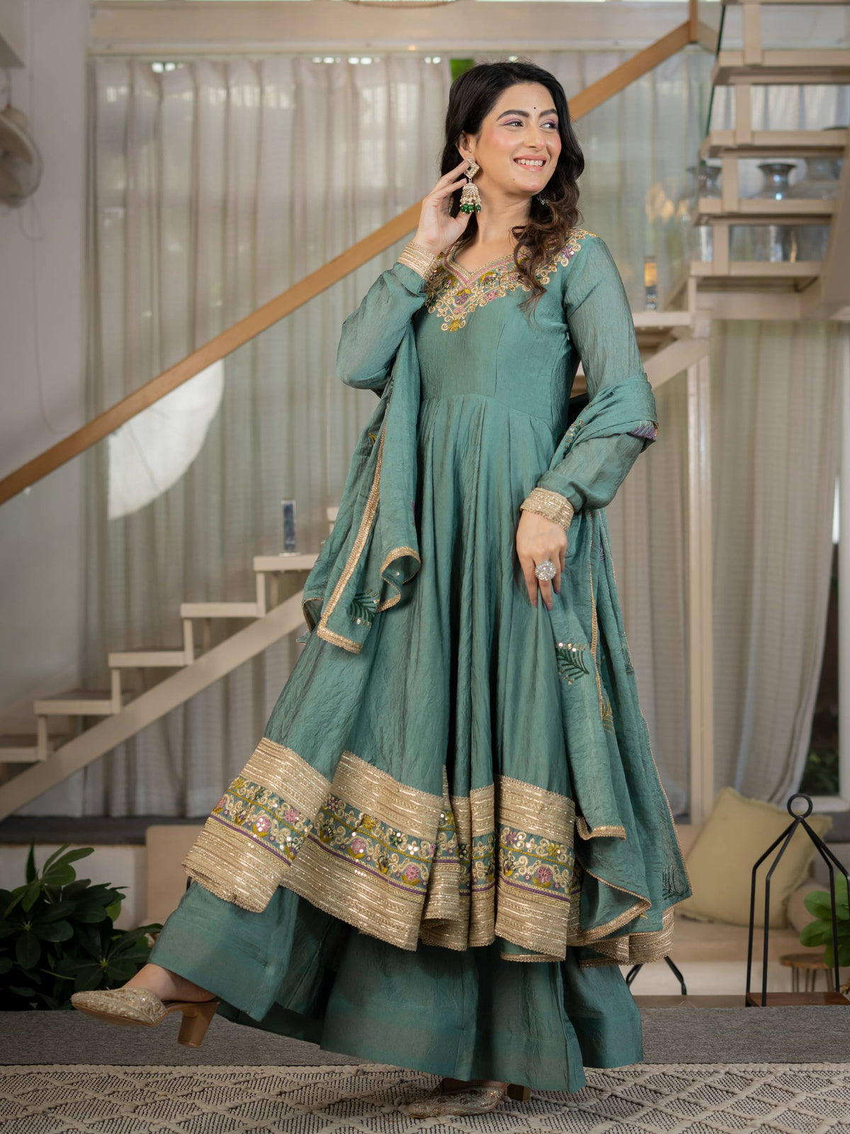 Teal Green Rangoli Crush Anarkali Suit Set With Sequence & Embroidery Work