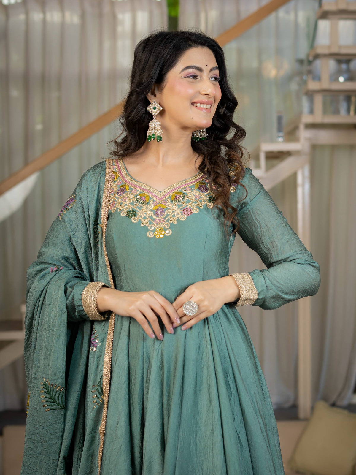 Teal Green Rangoli Crush Anarkali Suit Set With Sequence & Embroidery Work