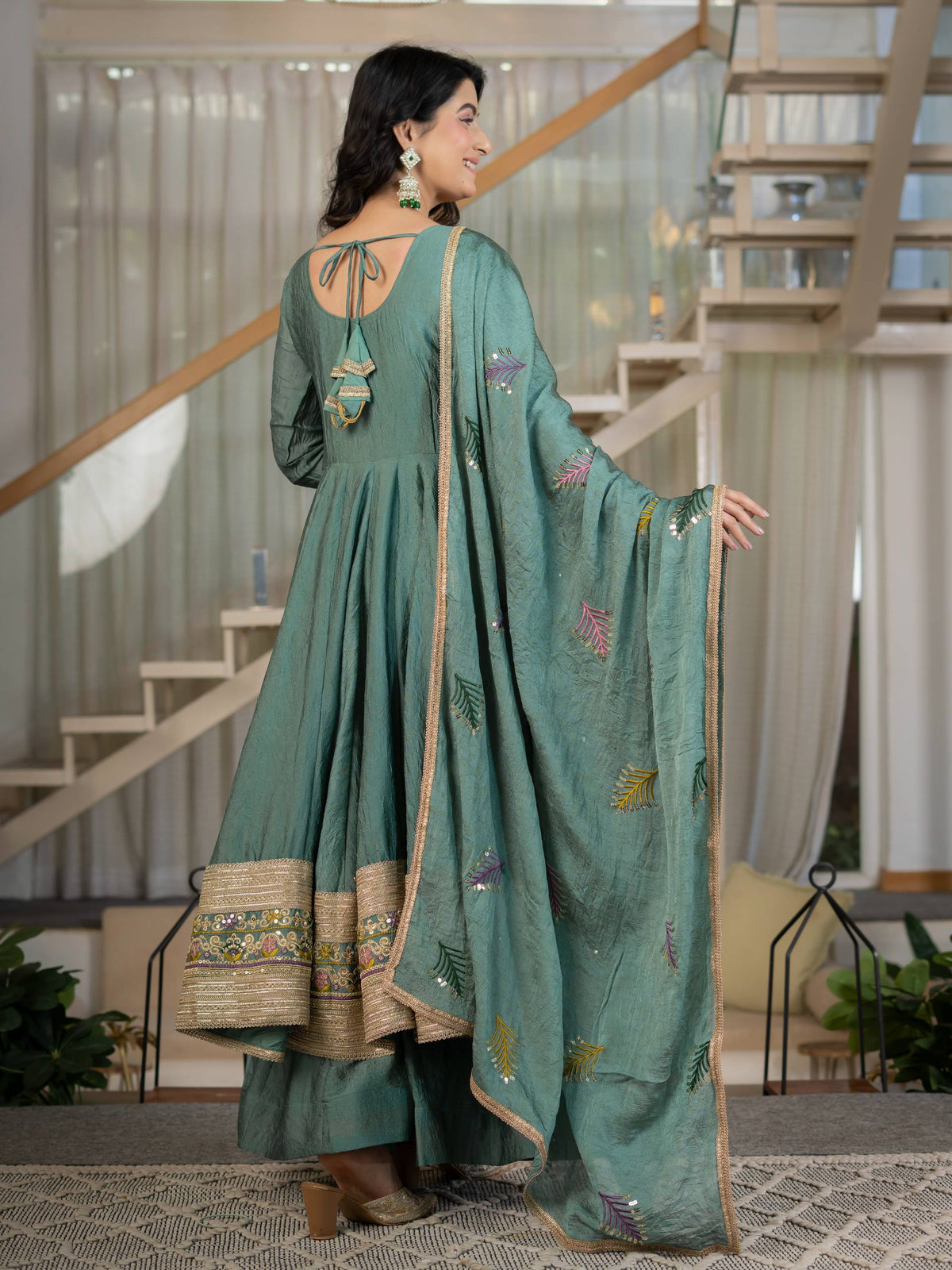 Teal Green Rangoli Crush Anarkali Suit Set With Sequence & Embroidery Work