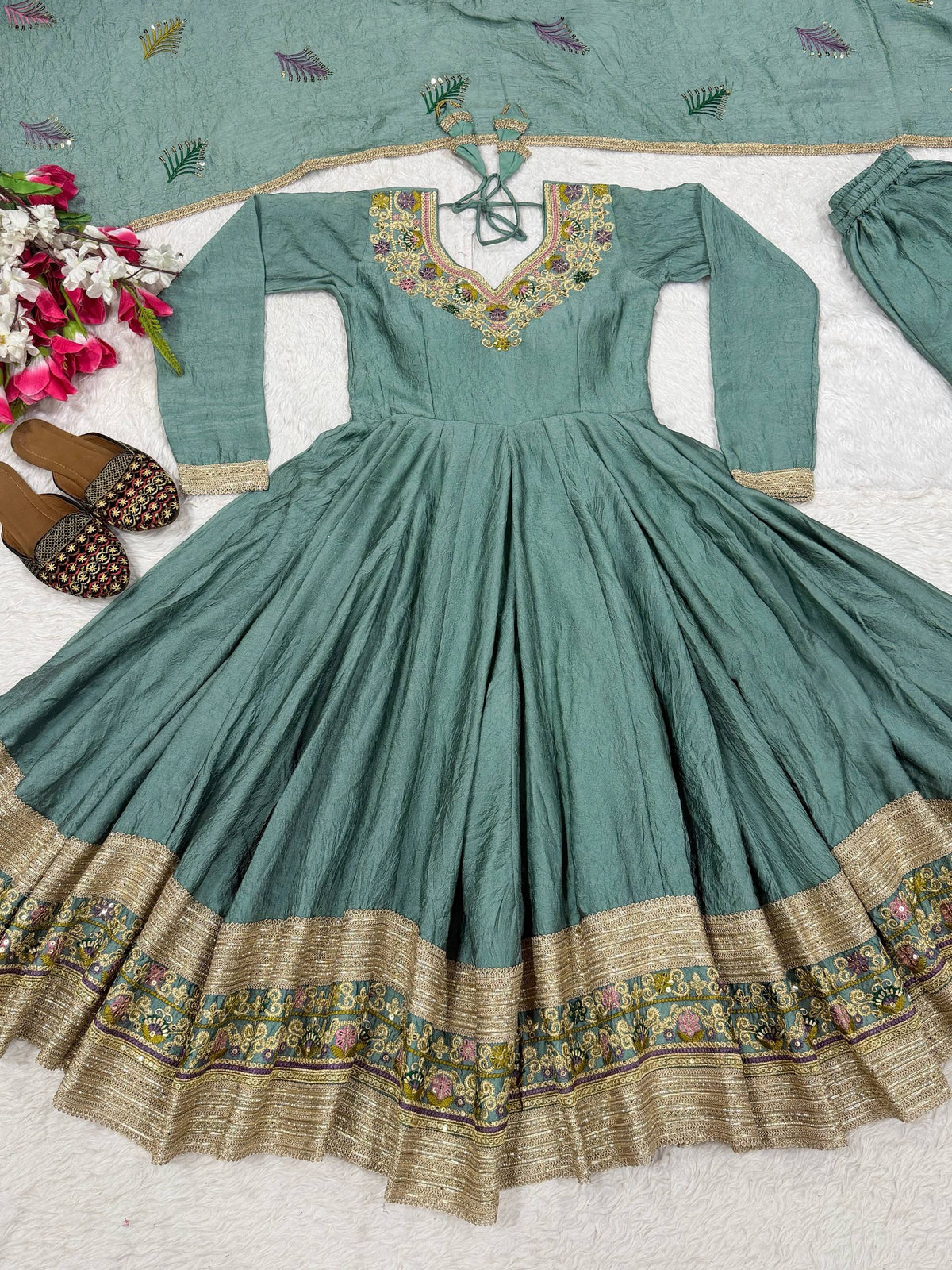 Teal Green Rangoli Crush Anarkali Suit Set With Sequence & Embroidery Work