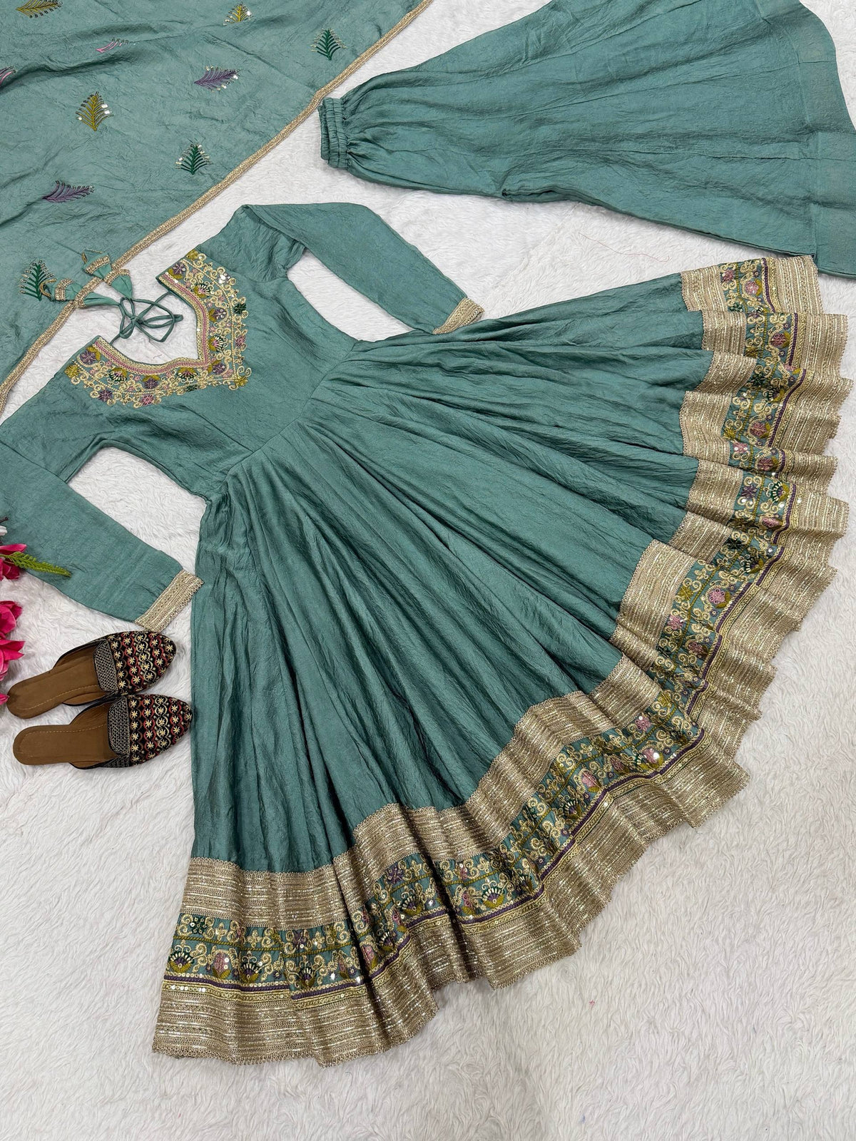 Teal Green Rangoli Crush Anarkali Suit Set With Sequence & Embroidery Work