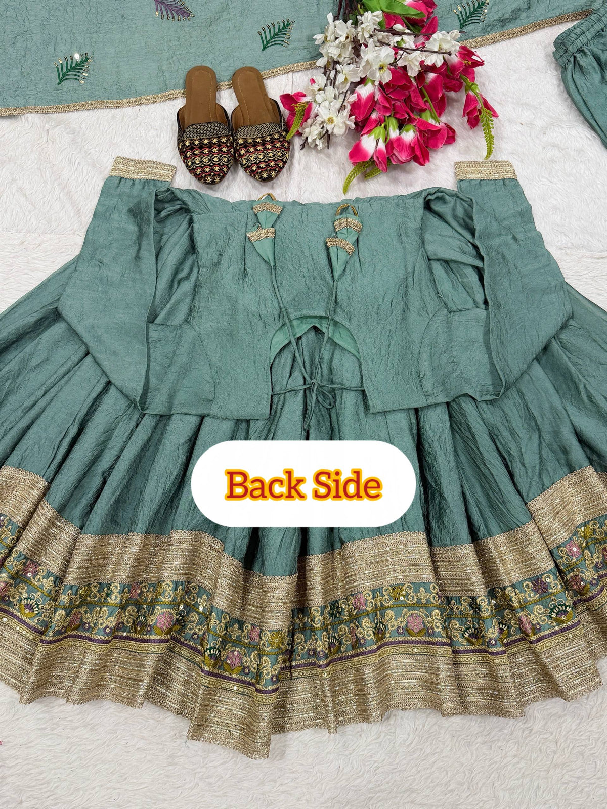 Teal Green Rangoli Crush Anarkali Suit Set With Sequence & Embroidery Work