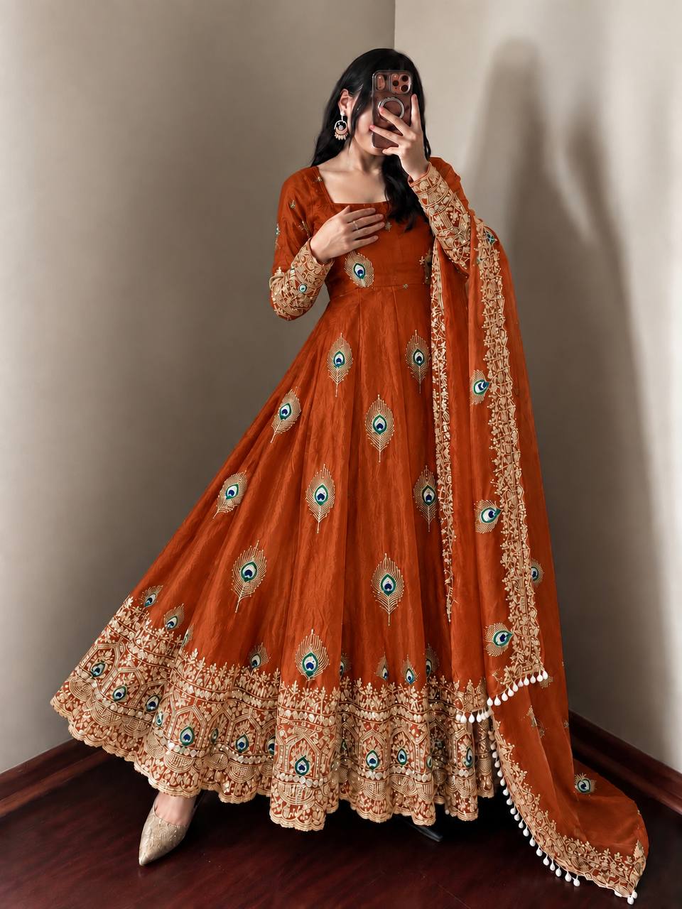 Rust Orange Fendy Silk Embroidered Designer Gown Set with Dupatta