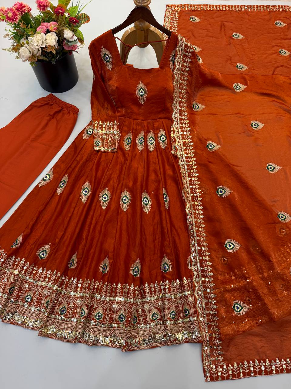 Rust Orange Fendy Silk Embroidered Designer Gown Set with Dupatta