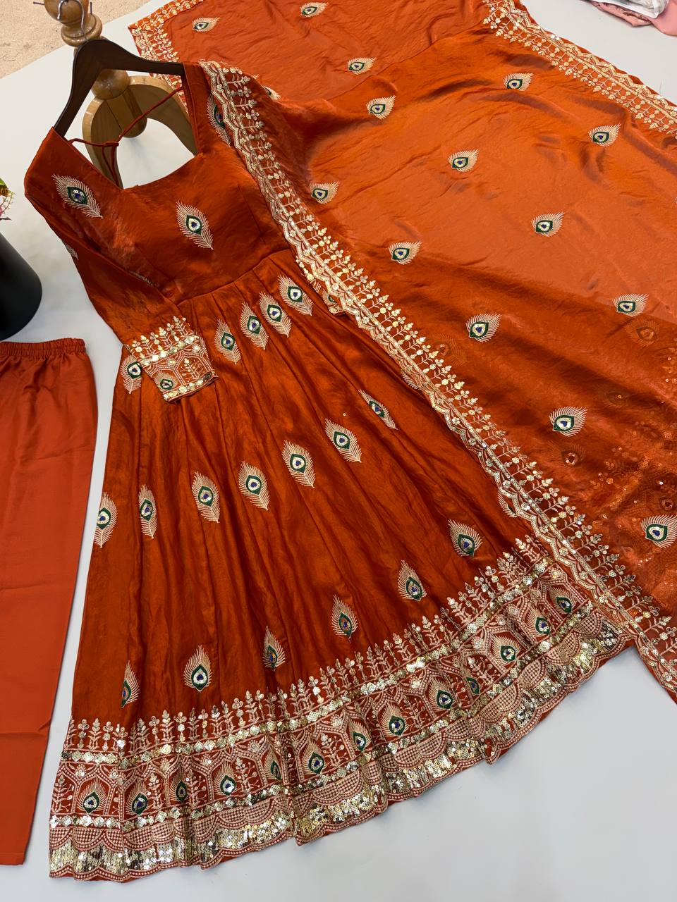 Rust Orange Fendy Silk Embroidered Designer Gown Set with Dupatta