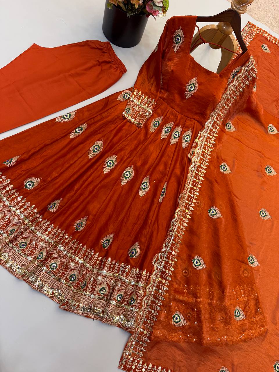 Rust Orange Fendy Silk Embroidered Designer Gown Set with Dupatta