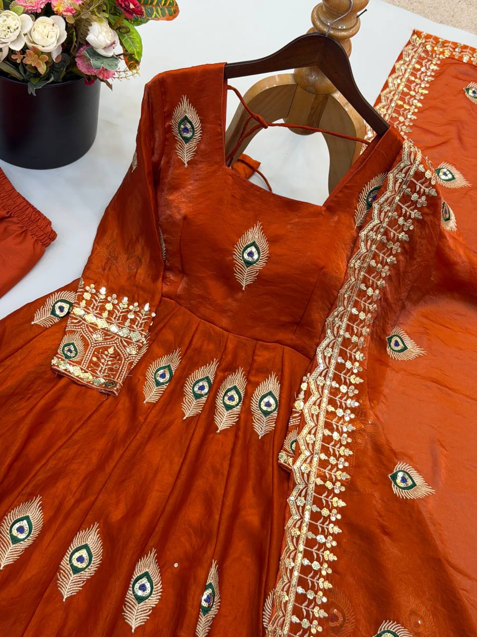 Rust Orange Fendy Silk Embroidered Designer Gown Set with Dupatta