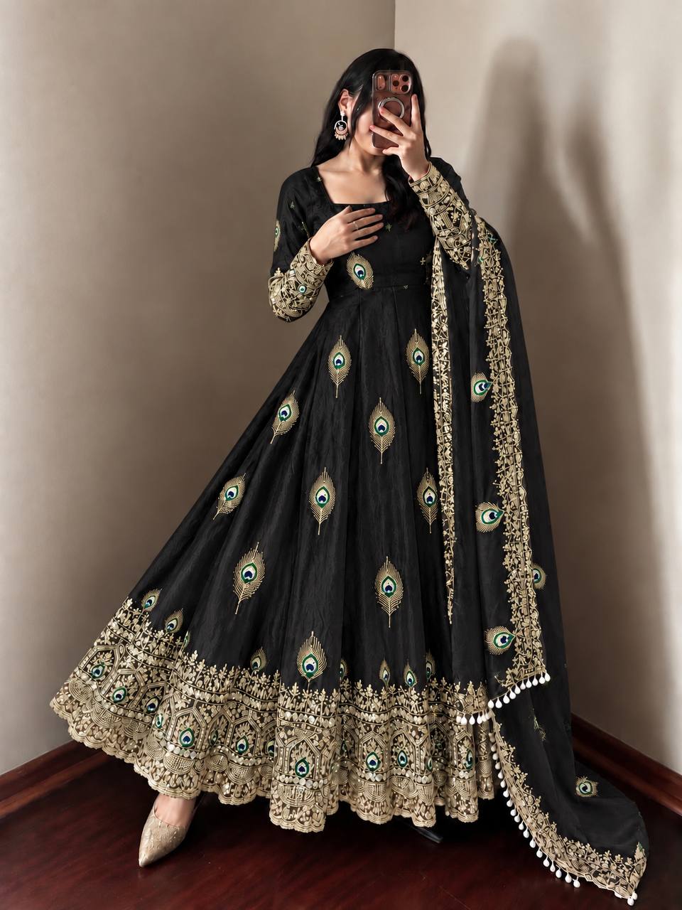 Black Fendy Silk Embroidered Designer Gown Suit Set with Dupatta