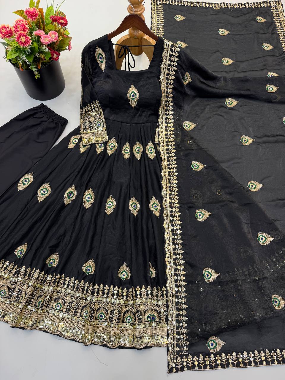 Black Fendy Silk Embroidered Designer Gown Suit Set with Dupatta