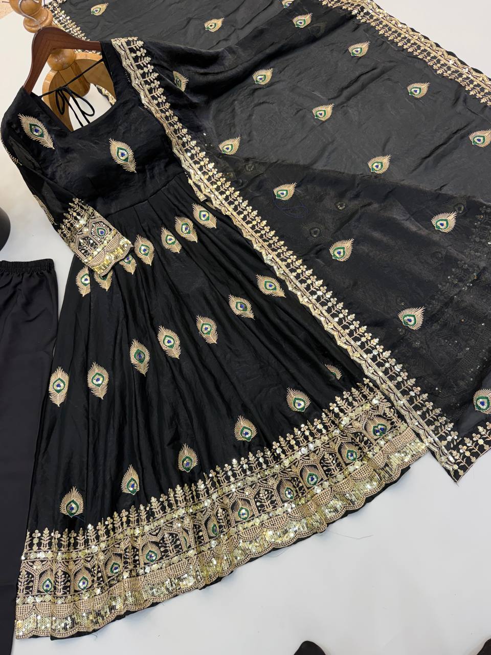 Black Fendy Silk Embroidered Designer Gown Suit Set with Dupatta