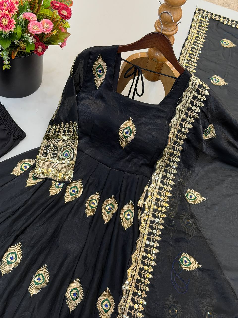 Black Fendy Silk Embroidered Designer Gown Suit Set with Dupatta