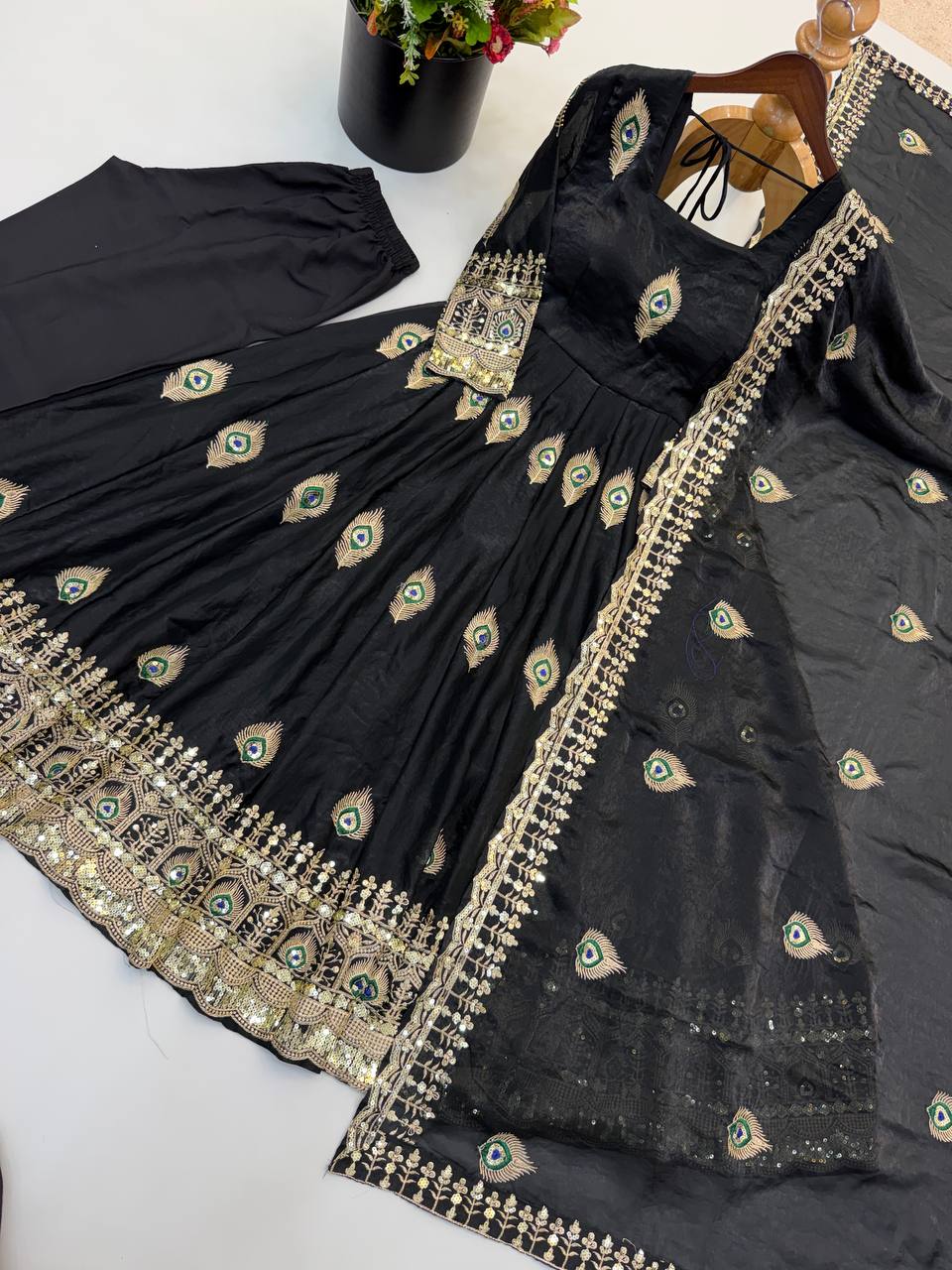 Black Fendy Silk Embroidered Designer Gown Suit Set with Dupatta