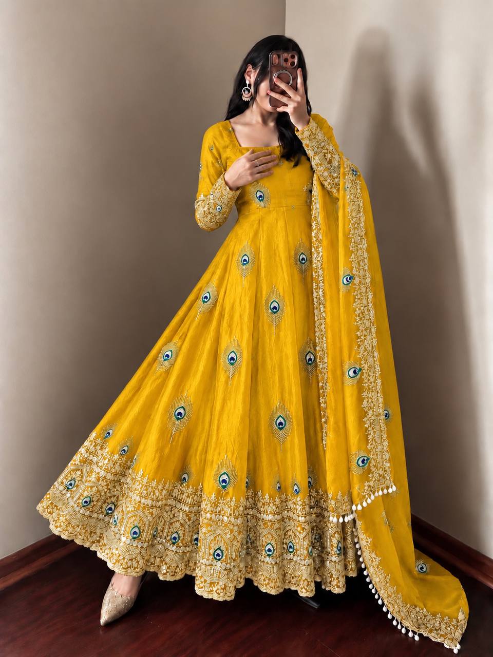 Mustard Yellow Fendy Silk Embroidered Designer Gown Set with Dupatta