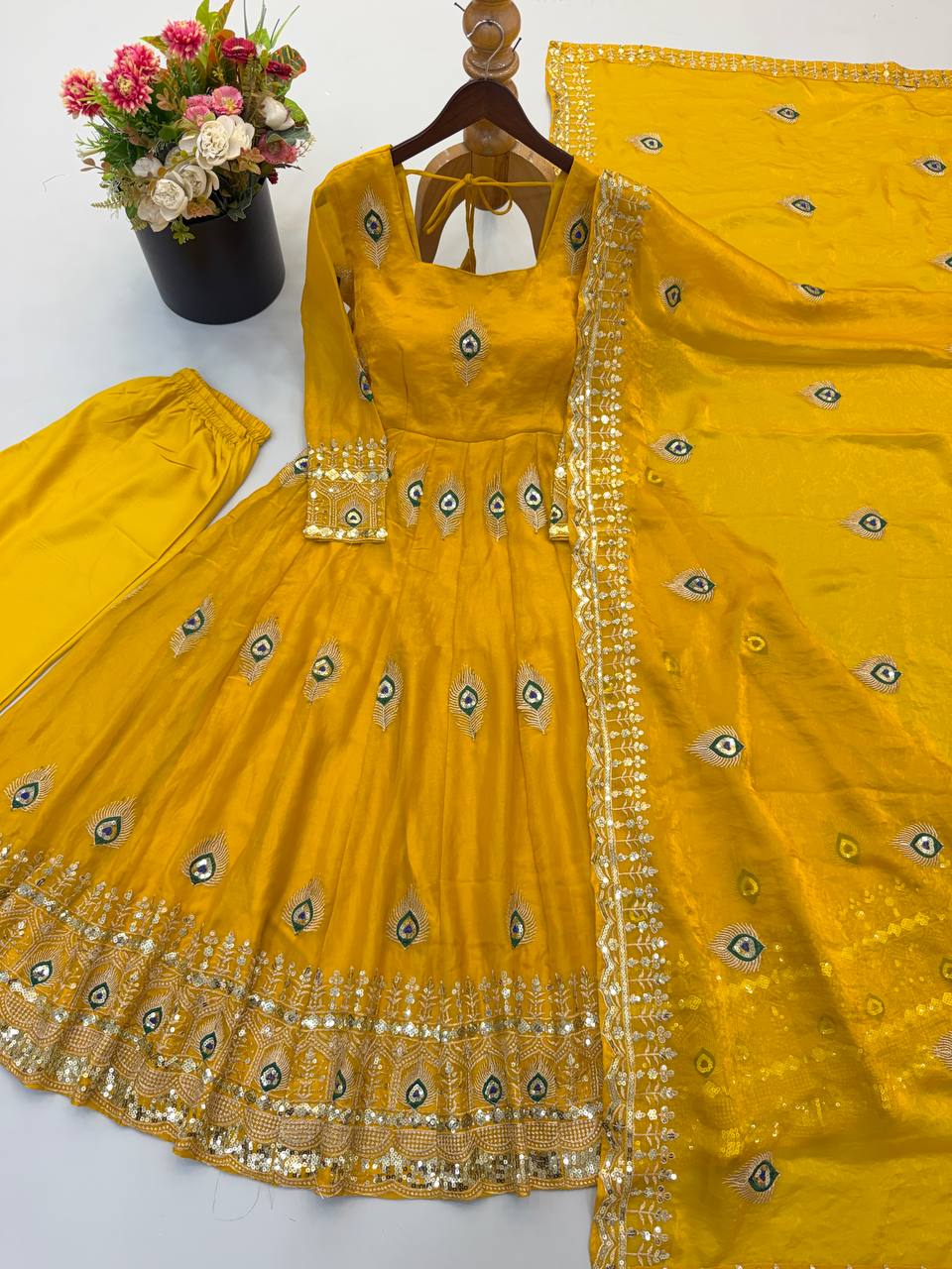 Mustard Yellow Fendy Silk Embroidered Designer Gown Set with Dupatta