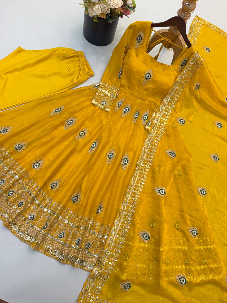 Mustard Yellow Fendy Silk Embroidered Designer Gown Set with Dupatta