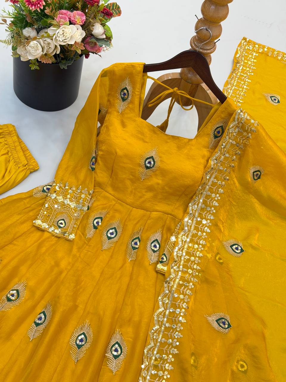 Mustard Yellow Fendy Silk Embroidered Designer Gown Set with Dupatta