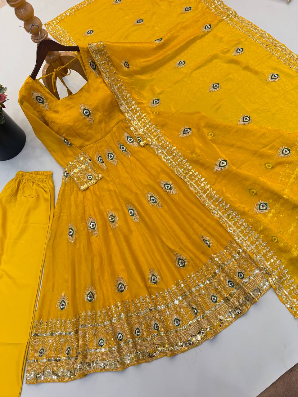 Mustard Yellow Fendy Silk Embroidered Designer Gown Set with Dupatta